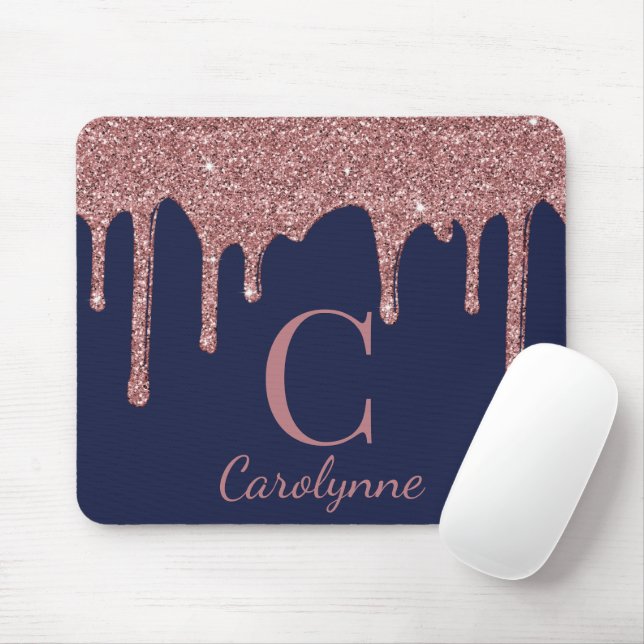 Blue Rose Gold Sparkle Glitzer Tropfen Monogram Mousepad (Mit Mouse)