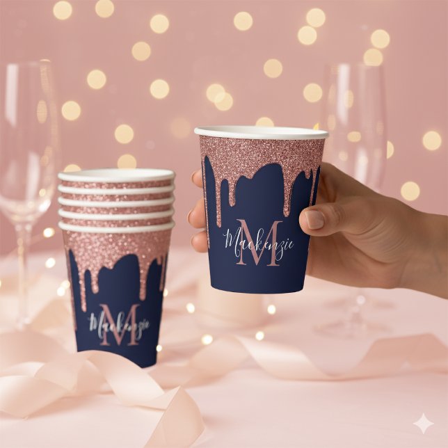 Blue Rose Gold Sparkle Glitzer Tropfen Monogram Pappbecher (Navy Blue Rose Gold Dripping Glitter Monogram Paper Cups)
