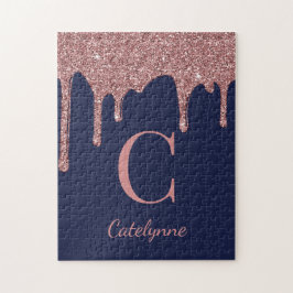 Blue Rose Gold Sparkle Glitzer Tropfen Monogram Puzzle