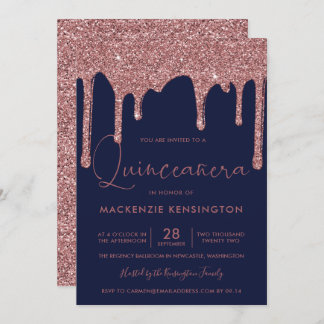 Blue Rose Gold Sparkle Glitzer Tropfen Quince Einladung