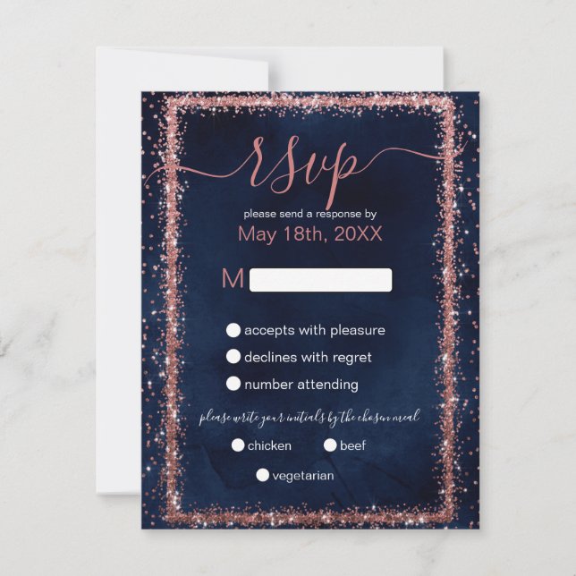Blue Rose Gold Sprinkled Confetti Wedding RSVP Karte (Vorderseite)