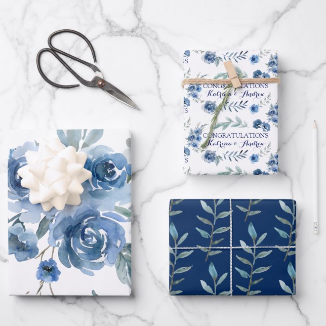 Blue Rose Herzlichen Glückwunsch Packpapier Blätte Geschenkpapier Set (Vorderseite)