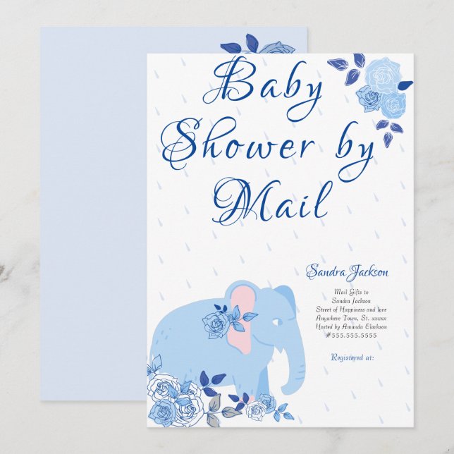 Blue Rose Niedlich Elephant Boy Baby Dusche Einladung (Vorne/Hinten)