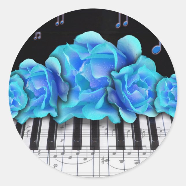 Blue Rose Piano Tastatur und Musiknoten Runder Aufkleber (Vorderseite)