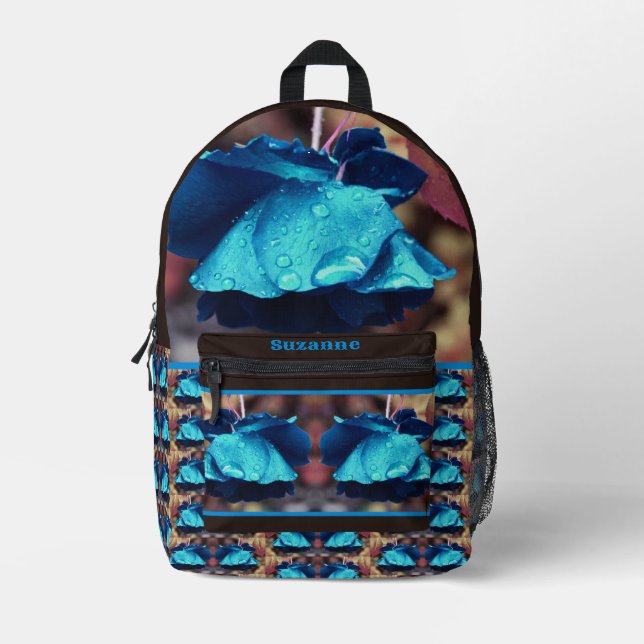 Blue Rose Raindrops Blume Personalisiert Bedruckter Rucksack (Vorderseite)