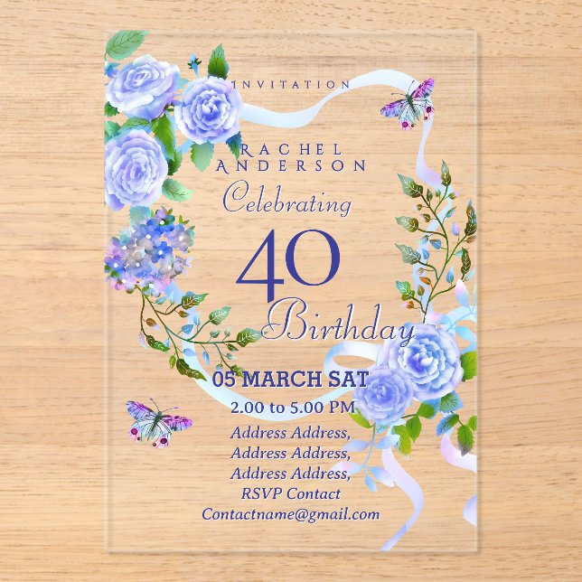 Blue Rose Ribbon 40th  Birthday Invitation Acryleinladungen (Vorderseite)