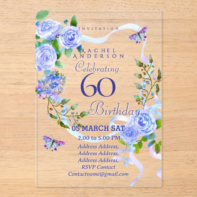 Blue Rose Ribbon 60th  Birthday Invitation Acryleinladungen (Vorderseite)