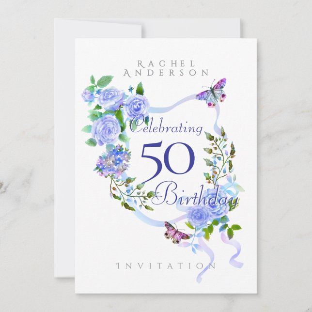 Blue Rose Ribbon Geburtstag Einladung (Vorderseite)