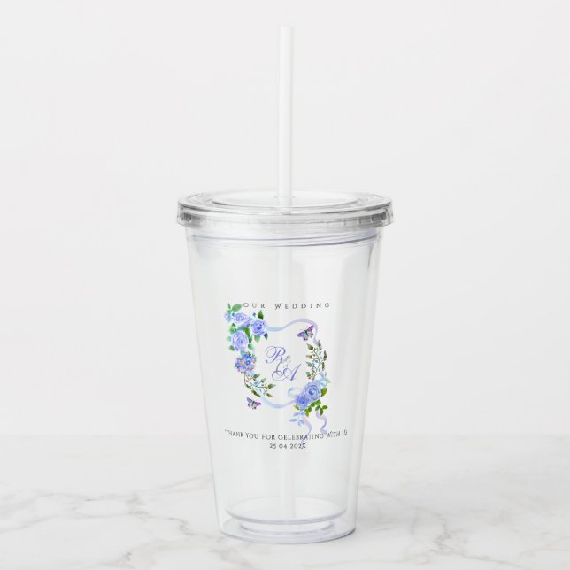 Blue Rose Ribbon Monogram Wedding  Acryltrinkbecher (Vorderseite)