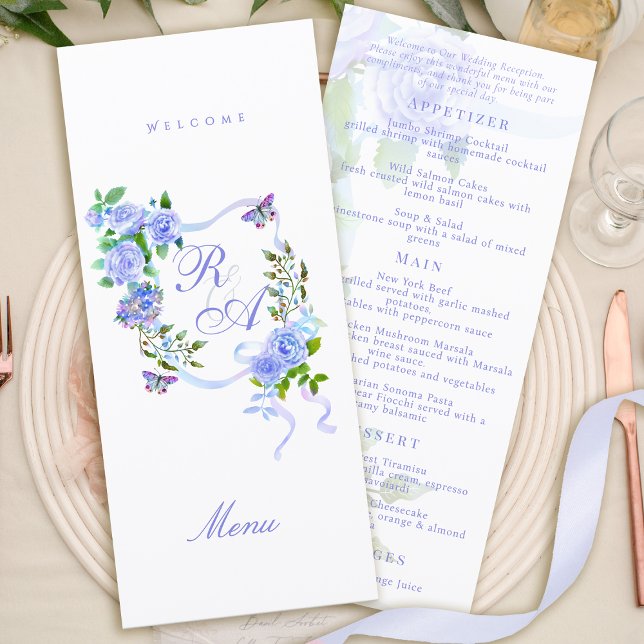 Blue Rose Ribbon Monogram Wedding Menu Menükarte (Blue Rose Ribbon Monogram Wedding Menu)