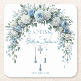 Blue Rose & Silver Cross Baptism Coaster Rechteckiger Pappuntersetzer