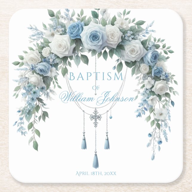 Blue Rose & Silver Cross Baptism Coaster Rechteckiger Pappuntersetzer (Vorderseite)