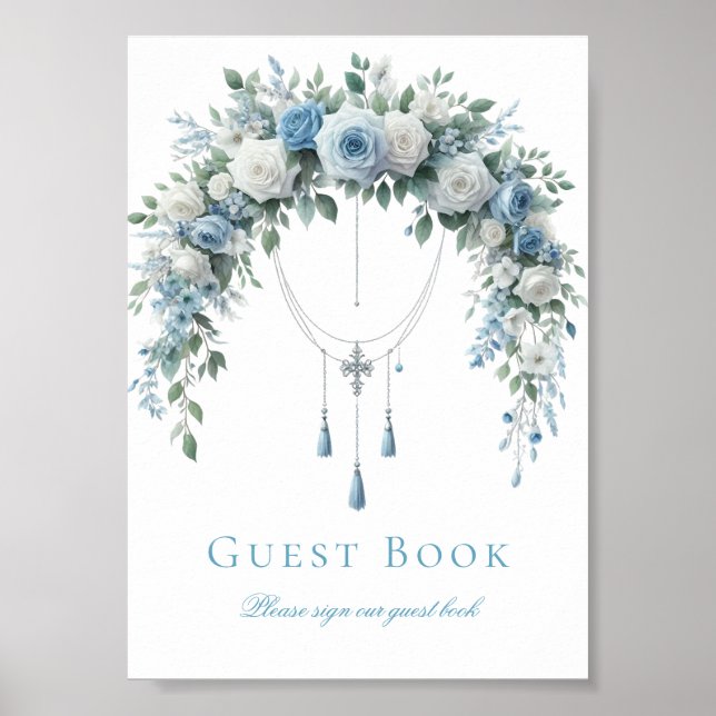 Blue Rose & Silver Cross Baptism Guest Book Sign Poster (Vorne)
