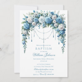 Blue Rose & Silver Cross Baptism Invitation Einladung