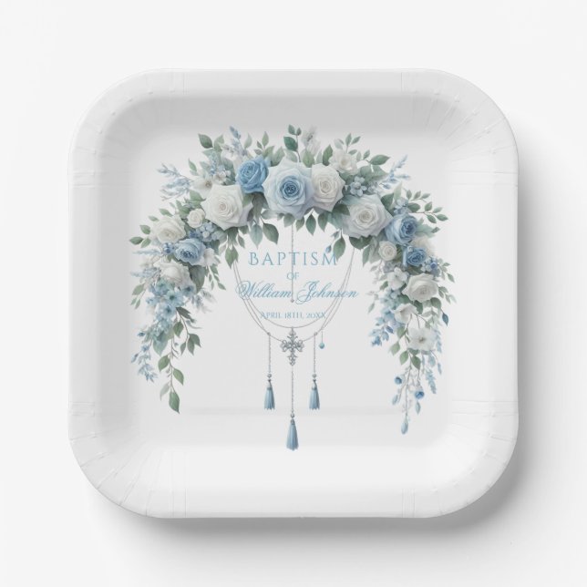 Blue Rose & Silver Cross Baptism Paper Plate Pappteller (Vorderseite)