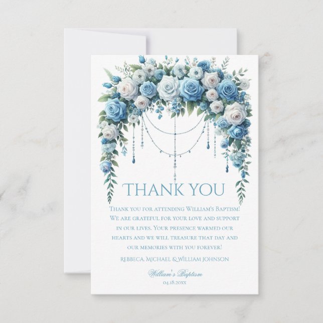 Blue Rose & Silver Cross Baptism Thank You Card Dankeskarte (Vorderseite)