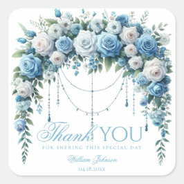 Blue Rose & Silver Cross Baptism Thank You Sticker