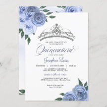 Blue Rose Silver Floral Quinceañera Birthday Invi