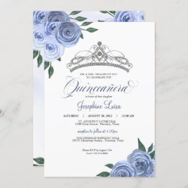 Blue Rose Silver Floral Quinceañera Birthday Invi Einladung