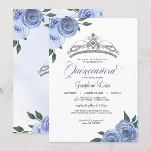 Blue Rose Silver Floral Quinceañera Birthday Invi Einladung