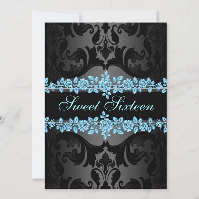 Blue Rose Sweet16 Damask Birthday Einladung (Vorderseite)