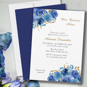 Blue Rose und Gold Leaf Quince Anos Quinceanera Einladung