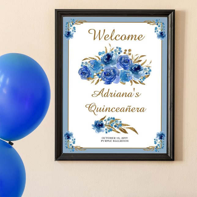 Blue Rose und Gold Leaf Quinceanera Willkommen Poster (Printable Welcome Poster from my Rose and Gold Leaf quinceanera collection)