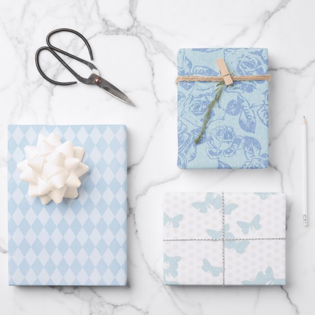Blue Rose und Harlequin und Butterfly Gift Wrap Geschenkpapier Set (Vorderseite)