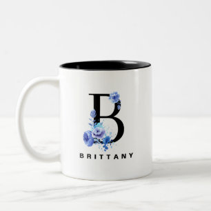 Blue Rose Watercolor Floral Letter B Monogramm Zweifarbige Tasse