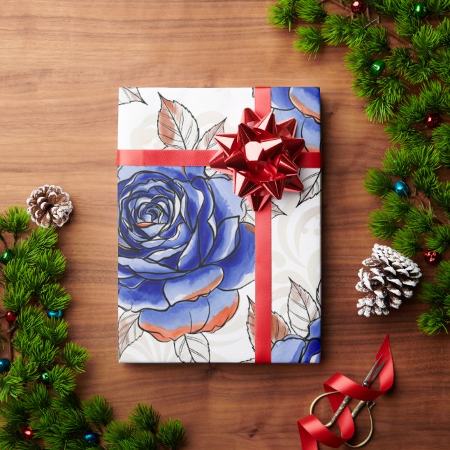 Blue Rose Watercolor Pattern Wrapping Paper Geschenkpapier (Feiertagsgeschenk)