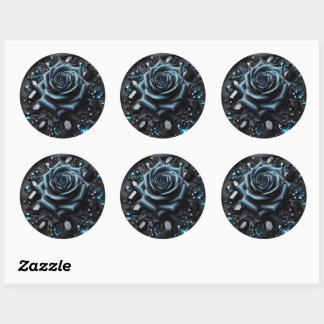 Blue Rose with Jewels on Black Fabric Runder Aufkleber
