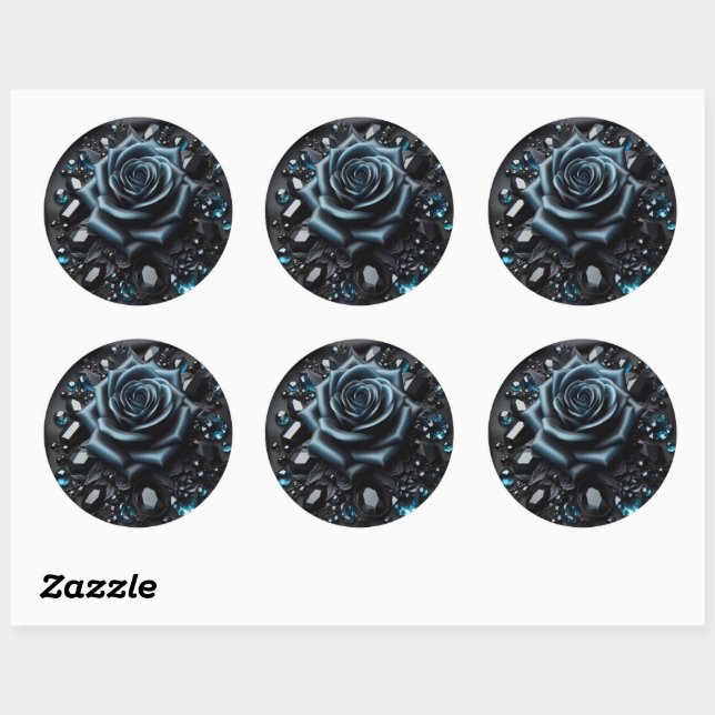 Blue Rose with Jewels on Black Fabric Runder Aufkleber (Blatt)