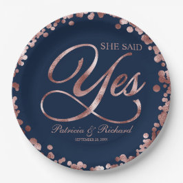 Blue Rosen Gold Sie sagte Ja Engagement Party Pappteller