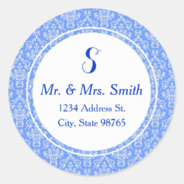 Blue Round Damask Address Label Runder Aufkleber
