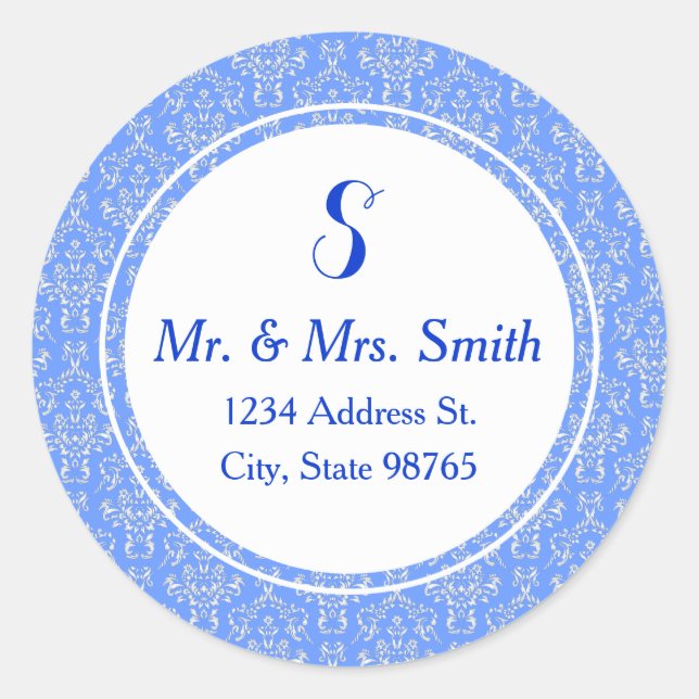 Blue Round Damask Address Label Runder Aufkleber (Vorderseite)