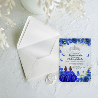 Blue Royal Floral Butterfly Twin Quinceanera Acryleinladungen