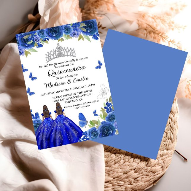 Blue Royal Floral Butterfly Twin Quinceanera Einladung (Von Creator hochgeladen)