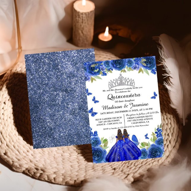 Blue Royal Floral Butterfly Twin Quinceanera Einladung (Von Creator hochgeladen)