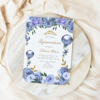 Blue Royal Floral Quinceanera Foto Einladung