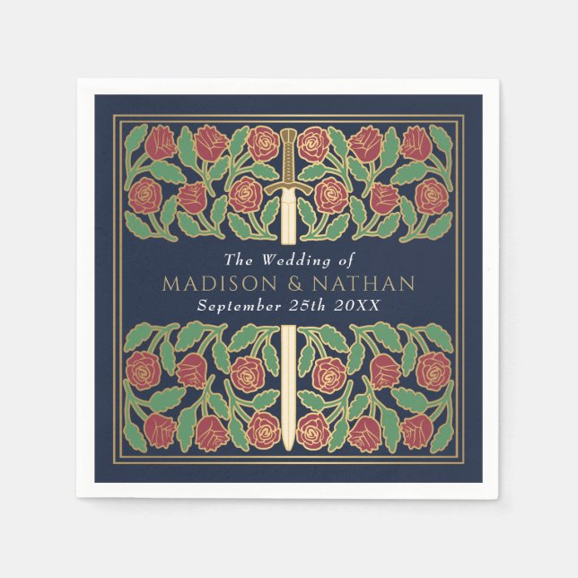 Blue Royal Medieval Gold Floral Sword Wedding Serviette (Vorderseite)