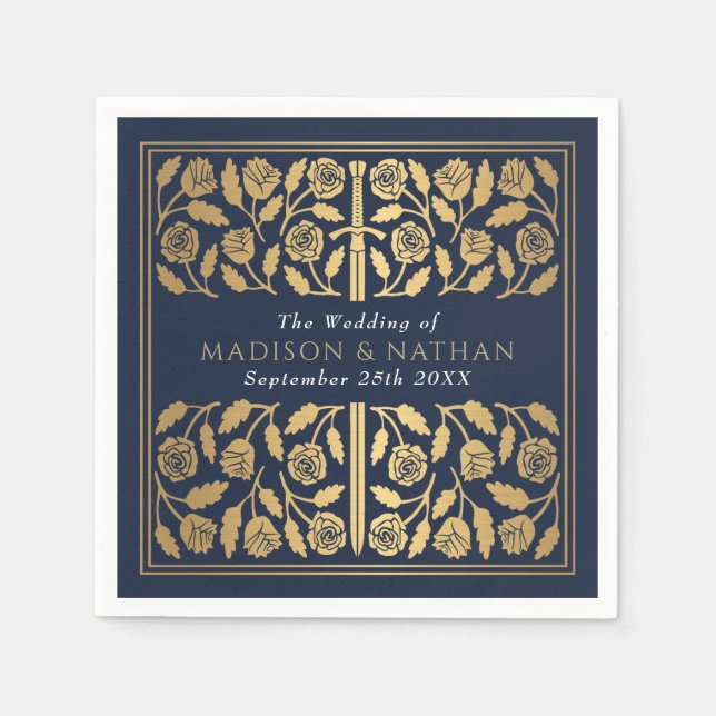 Blue Royal Medieval Gold Sword Wedding Serviette (Vorderseite)