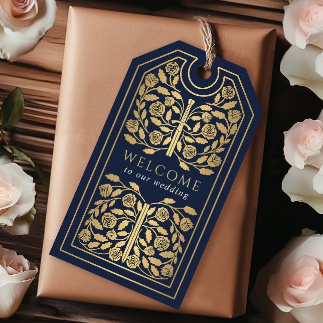 Blue Royal Medieval Gold Sword Wedding Welcome Geschenkanhänger (Von Creator hochgeladen)