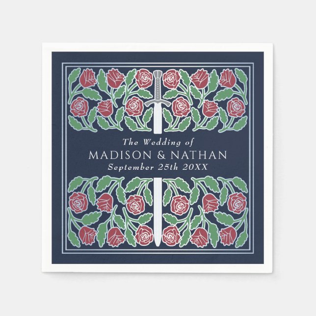 Blue Royal Medieval Silver Floral Sword Wedding Serviette (Vorderseite)