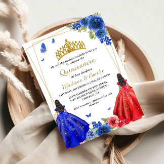 Blue Royal & Red Butterfly Twin Quinceanera Einladung