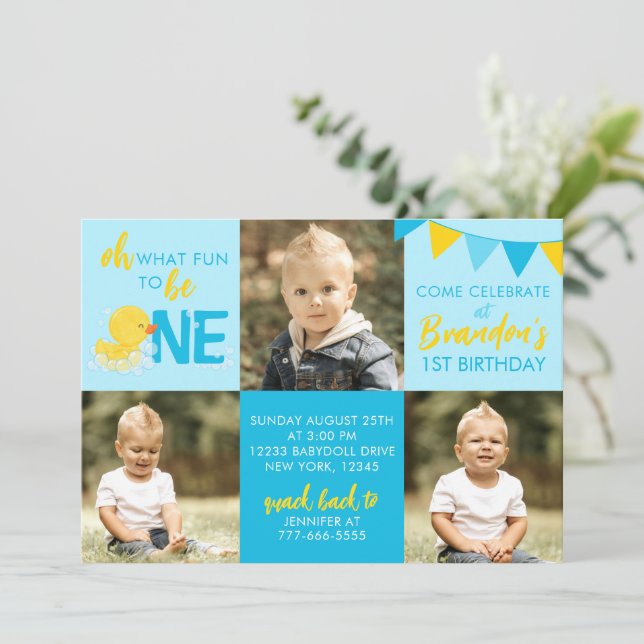 Blue Rubber Duck 3 Foto Geburtstag Einladung (Stehend Vorderseite)