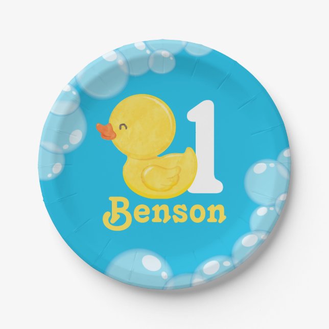 Blue Rubber Duck Personalisiert Geburtstag Pappteller (Vorderseite)