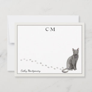 Blue Russian Cat Grey Border Monogram und Name Mitteilungskarte