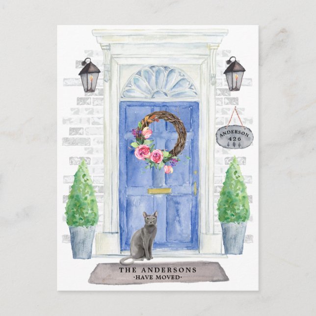 Blue Russian Cat Moving Announccard Postkarte (Vorderseite)