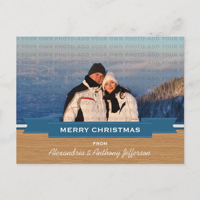 Blue Rustic Banner Holiday Foto Postkarte (Vorderseite)