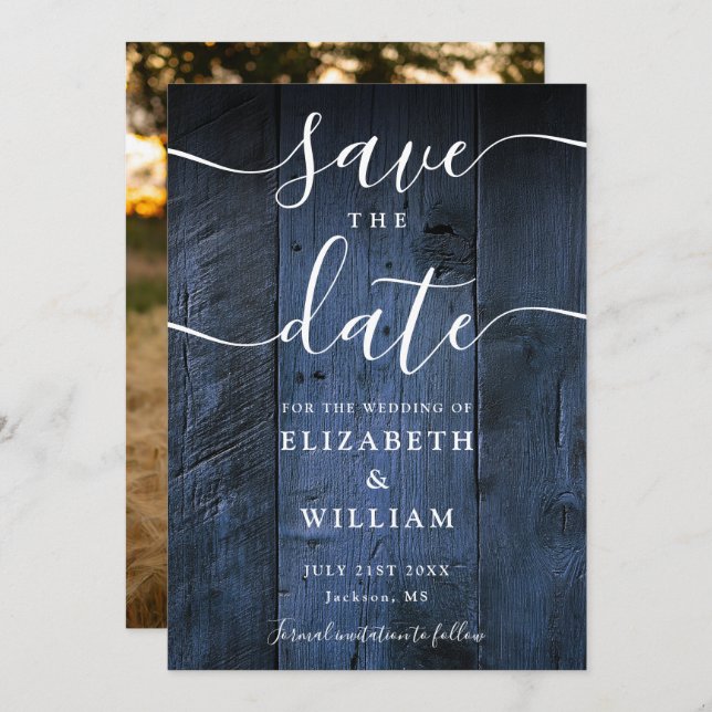 Blue Rustic Barn Wood Boho Chic Foto Hochzeit Save The Date (Vorne/Hinten)